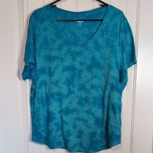 Old Navy Teal Tie-Dye V-Neck 100% Cotton Tee W/Flattering Curved Hemline XL